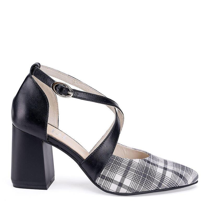 Дамски елегантни обувки - пръсти Sara от естествена кожа с ефект и кожа в бяло и черно