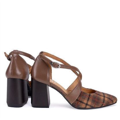 Дамски елегантни обувки - пръсти Sara от естествена кожа с ефект и кожа в цвят таба