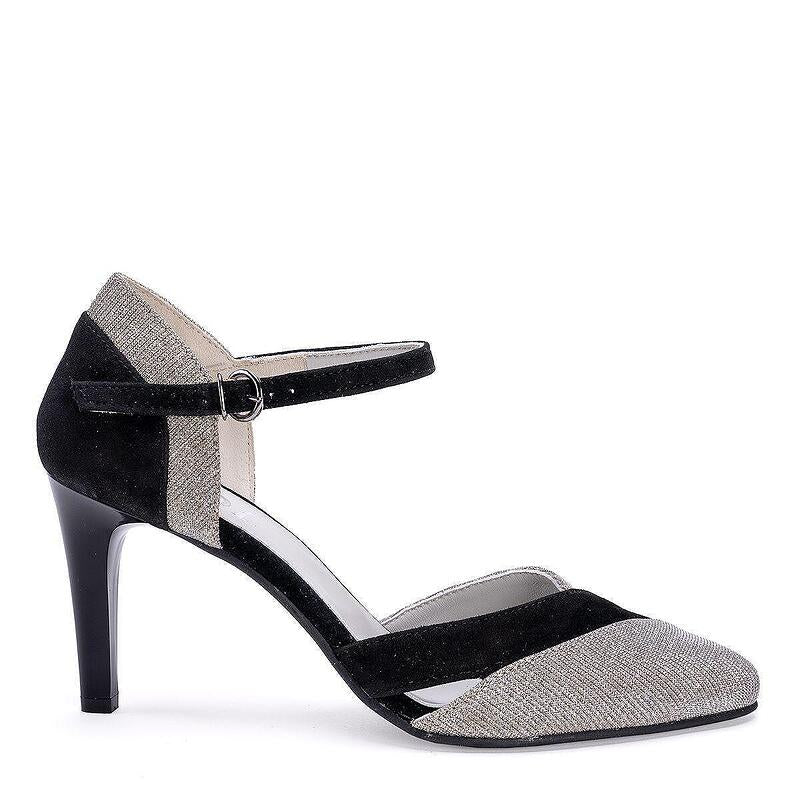 Дамски елегантни обувки в черен цвят и сребристи нюанси
