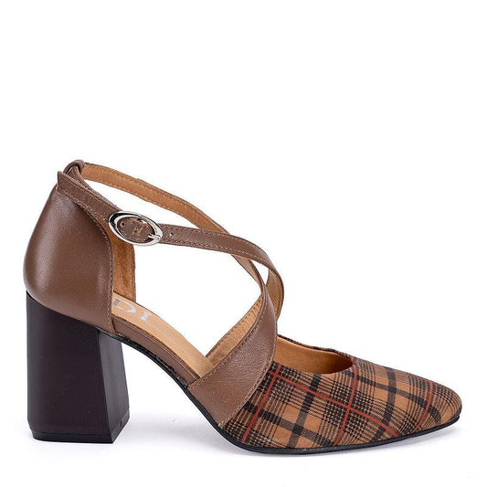 Дамски елегантни обувки - пръсти Sara от естествена кожа с ефект и кожа в цвят таба