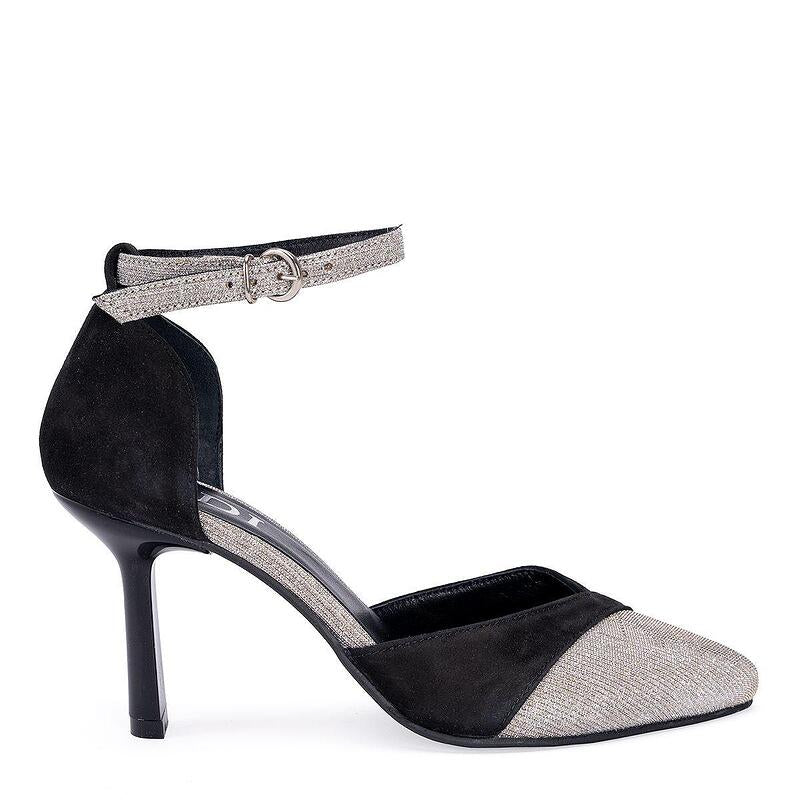 Дамски елегантни обувки в черен цвят и текстил в сребристи нюанси