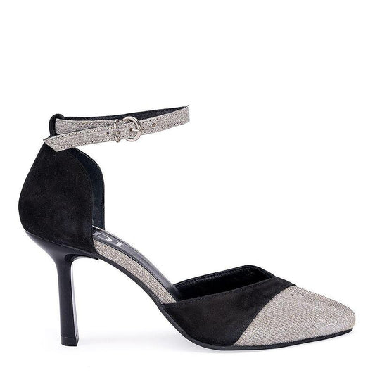 Дамски елегантни обувки в черен цвят и текстил в сребристи нюанси